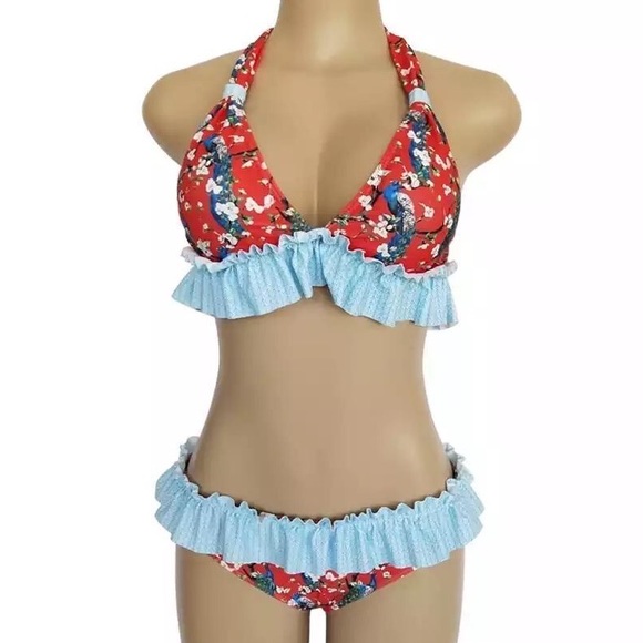 Peacock Print Two Piece Red Bikini - Picture 3 of 4